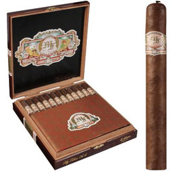 My Father Cigars No. 4 Lanceros 23 Ct. Box, open wooden cigar box showcasing a collection of premium cigars with a single cigar shown outside the box. My Father Cigars No. 4 Lanceros 23 Ct. Box, open wooden cigar box showcasing a collection of premium cigars with a single cigar shown outside the box.