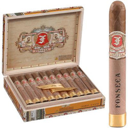 My Father Cigars Fonseca Cedros 20 Ct. Box, open wooden cigar box filled with premium cigars and one cigar standing upright outside the box showing decorative band.