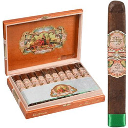 My Father Cigars La Opulencia Toro 20 Ct. Box, open wooden cigar box with 20 cigars inside featuring decorative labels and a colorful interior illustration.