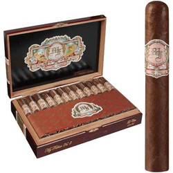 My Father Cigars No. 5 Toro 23 Ct. Box, an open wooden cigar box containing 23 premium cigars with a single cigar standing upright outside the box, showcasing high-quality craftsmanship and smoky aroma.