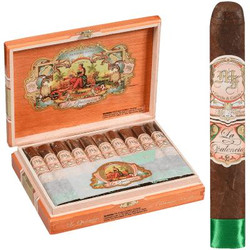 My Father Cigars La Opulencia Corona 20 Ct. Box, open wooden cigar box with 20 cigars and detailed interior lid artwork, and a single cigar beside it with decorative band and green foot wrap.