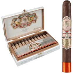 My Father Cigars Le Bijou 1922 Petit Robusto 23 Ct. Box, open cigar box with 23 cigars neatly arranged inside, and a single cigar standing upright beside the box, showcasing the elegant label and packaging.