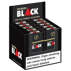 Kretek International Djarum Filtered Clove Cigars Black 10/12 Packs, open box displaying individually wrapped cigars with warning label about health risks. Kretek International Djarum Filtered Clove Cigars Black 10/12 Packs, open box displaying individually wrapped cigars with warning label about health risks.