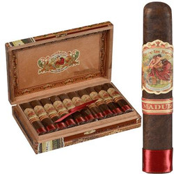 My Father Cigars Flor De Las Antillas By My Father Cigars Petit Robusto Maduro 20 Ct. Box, opened wooden cigar box with twenty cigars inside and a single cigar standing upright with a colorful label and red foot band.