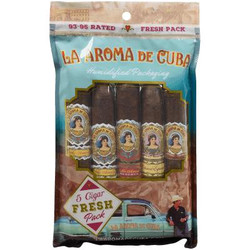Ashton Cigars La Aroma de Cuba Cigars Fresh Pack 10/5 Ct, viewing of a sealed plastic package containing five cigars with colorful branding and artwork.