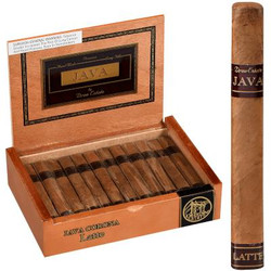 Drew Estate Java Cigars Latte Corona 24 Ct. Box, open box showing arranged cigars and a single cigar standing upright to the right. Drew Estate Java Cigars Latte Corona 24 Ct. Box, open box showing arranged cigars and a single cigar standing upright to the right.