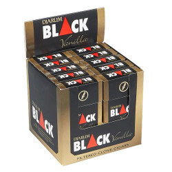 Kretek International Djarum Filtered Clove Cigars Black Vanilla 10/12 Packs, display of cigarette packs inside a black and gold box. Kretek International Djarum Filtered Clove Cigars Black Vanilla 10/12 Packs, display of cigarette packs inside a black and gold box.
