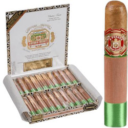 Arturo Fuente Cigars Chateau Fuente Natural 20 Ct. Box, open cigar box displaying premium cigars with a single cigar standing upright next to it.