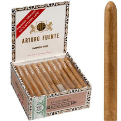Arturo Fuente Cigars Curly Head Natural 40 Ct. Box, open cigar box revealing 40 hand-made cigars with one cigar placed outside the box.