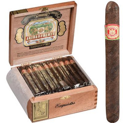 Arturo Fuente Cigars Exquisitos Maduro 50 Ct. Box, open wooden cigar box containing 50 cigars with a single cigar placed upright next to the box.