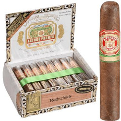 Arturo Fuente Cigars Rothschild Natural 25 Ct. Box, open cigar box with 25 cigars and one individual cigar standing next to it.