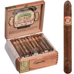 Arturo Fuente Cigars Exquisitos Natural 50 Ct. Box, open wooden cigar box with ten cigars inside and one cigar outside the box showing its detailed band.