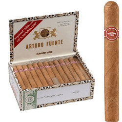 Arturo Fuente Cigars Brevas Royale Natural 50 Ct. Box, open cigar box displaying cigars inside with one cigar outside showing its band and natural brown wrapper.