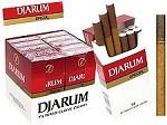 Kretek International Djarum Filtered Clove Cigars Special 10/12 Packs, box of flavored clove cigarettes with several packed cigars inside.
