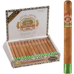 Arturo Fuente Cigars Corona Imperial Seleccion D'Oro 25 Ct Box, open cigar box with 25 cigars and one individual cigar standing upright showing the band design.