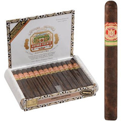 Arturo Fuente Cigars Corona Imperial Maduro 25 Ct. Box, open box displaying neatly arranged cigars and a single cigar standing upright beside it.