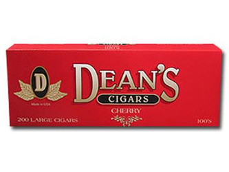 Deans Cigars Deans Large Filtered Cigars Cherry 100's, red box packaging with product name, cherry flavor, large filtered cigars, 10/20 packs.