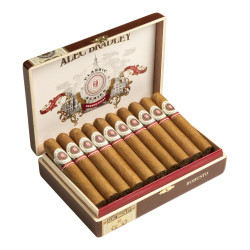 Alec Bradley Cigars Classic Series Habano Robusto 20Ct Box, open box displaying 20 cigars with bands, inside a decorative wooden cigar box.