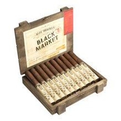 Alec Bradley Cigars Black Market Toro 22Ct. Box, open wooden cigar box displaying 22 cigars with branded bands.