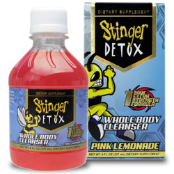 Stinger Detox Pink Lemonade 1 Hour Cleanse, a dietary supplement in a pink lemonade flavored liquid bottle with a black and gold label, alongside the product's colorful packaging box featuring a cartoon bee mascot.