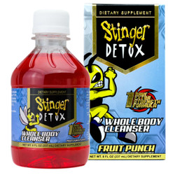 Stinger Detox 1hr Whole Body Detox, 8oz Fruit Punch flavor, dietary supplement with a red liquid in a clear plastic bottle next to its blue packaging box with cartoon mascot character and bold text.