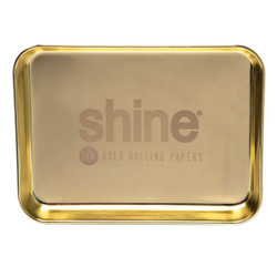 Shine Rolling Paper Shine Gold Rolling Tray - 9.25" x 7", a rectangular gold-colored tray with a shiny finish and the Shine logo printed on the surface