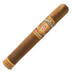 Alec Bradley Cigars Tempus Nicaragua Medius 20Ct. Box, close-up of a single cigar with a gold and red band, showcasing the smooth brown wrapper.