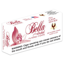 Sunshine Tobacco Bella Filtered Cigars Full Flavor, packaging front view showing box design with an orchid flower, eagle logo, and warning label. Sunshine Tobacco Bella Filtered Cigars Full Flavor, packaging front view showing box design with an orchid flower, eagle logo, and warning label.