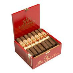 AJ Fernandez Cigars San Lotano The Bull Robusto 20Ct. Box, an open box displaying rows of premium cigars with gold and red bands inside a red packaging