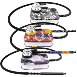 RIP Hookah Rip Boxx Acrylic Tabletop Hookah with LED designs, multiple colorful tubes, and hoses, featuring a modern and vibrant aesthetic.