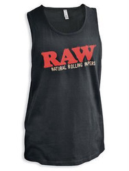 RAW Black Tank Top, sleeveless black tank top featuring the red and white RAW logo and text design on the front.