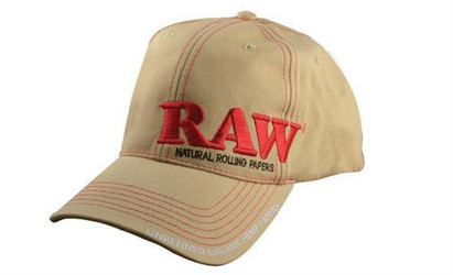 RAW Tan RAW Hat with Poker, beige baseball cap featuring red embroidery of 'RAW' logo and poker design.
