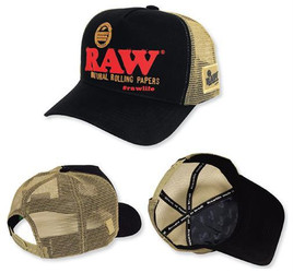 RAW Brazil Cap Black and Brown, adjustable trucker hat with mesh back and front logo design.