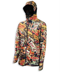 RAW Brazil Lightweight Zip Up Jacket, colorful print featuring comic book style graphics and branding on a hooded outdoor jacket.