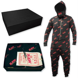 RAW Black Onesie, black full-body jumpsuit with hood featuring red RAW logo print, includes packaging box with RAW branding and tissue paper for presentation.