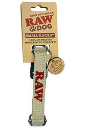 RAW Raw Hemp Dog Collar Sizes available, image of a hemp pet collar with red embroidery of the brand name RAW, attached to a cardboard display with product details.