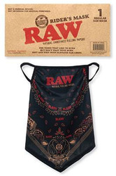 RAW Riders Mask, black face mask with red RAW logo and decorative paisley patterns in red and gold.