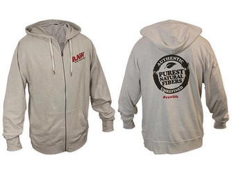 RAW Organic Zipper Hoodie with Poker Strings, front and back view of a light gray hoodie featuring a zip closure, drawstring hood, and graphic prints on both sides.