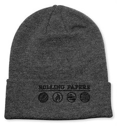 Rolling Papers Knit Hat Grey, close-up of a grey knitted beanie with 'Rolling Papers' text and icons embroidered on the cuff.