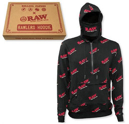RAW Rawlers Zip Hoodies, black hoodie with pink and white RAW logo print, full front view.