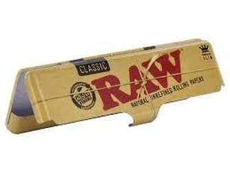 RAW Paper Tin King Size, image of vintage-style RAW rolling paper tin in gold color with red and black branding