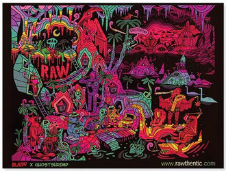 RAW Collaboration Goster Featuring Artwork by Ghostshrimp, vibrant and colorful artwork with surreal, psychedelic landscape and creatures.