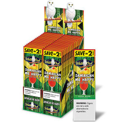 Product Swedish Match White Owl Cigarillos Jamaican Me Happy 30/2, display box of cigarillos with a tropical theme and a white owl mascot on the packaging.