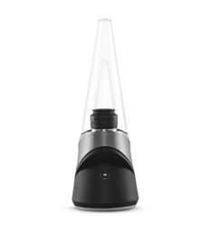 Puffco The Peak Pro, sleek electronic vaporizer device with a clear glass cone and black and gray base for concentrates.