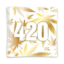 V Syndicate 420 Gold Glass Ashtray, square-shaped ashtray with a gold cannabis leaf pattern and the number 420 in prominent gold font.