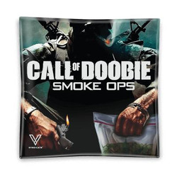 V Syndicate Call Of Doobie Glass Ashtray 4.5x4.5 inches, featuring a themed design with a soldier holding an object, related to smoke and tactical graphics. V Syndicate Call Of Doobie Glass Ashtray 4.5x4.5 inches, featuring a themed design with a soldier holding an object, related to smoke and tactical graphics.