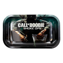 V Syndicate Metal Rolling Tray Medium Call Of Doobie, black tray featuring Call Of Doobie graphic with two tattooed men holding guns