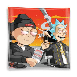 V Syndicate Dirty Ridin Glass Ashtray, featuring cartoon characters from Rick and Morty holding a cigarette and a magazine, with vibrant red and orange background.