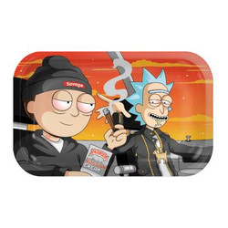 V Syndicate Rolling Metal Tray Medium Dirty Ridin, cartoon characters Rick and Morty styled characters smoking and enjoying a sunset on a motorcycle