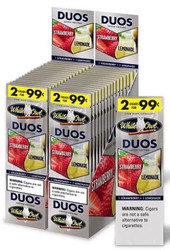Swedish Match White Owl Cigarillos Duos Strawberry Lemonade 30/2, retail display of packaged cigars with flavor images and promotional signs.